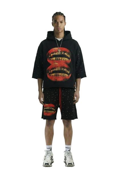 SCHUMA French Terry 3/4 Sleeve Crop Top Pullover Hoodie
