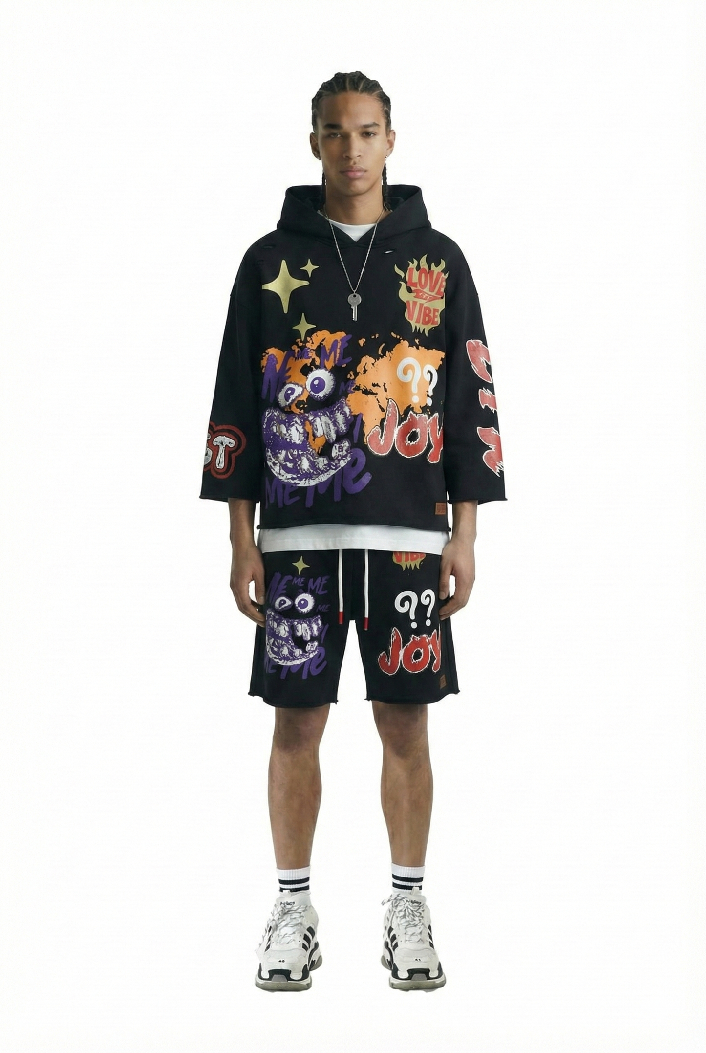 TROY French Terry 3/4 Sleeve Crop Top Pullover Hoodie