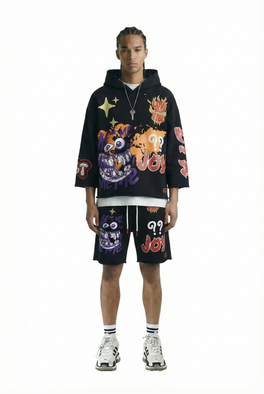 TROY French Terry 3/4 Sleeve Crop Top Pullover Hoodie