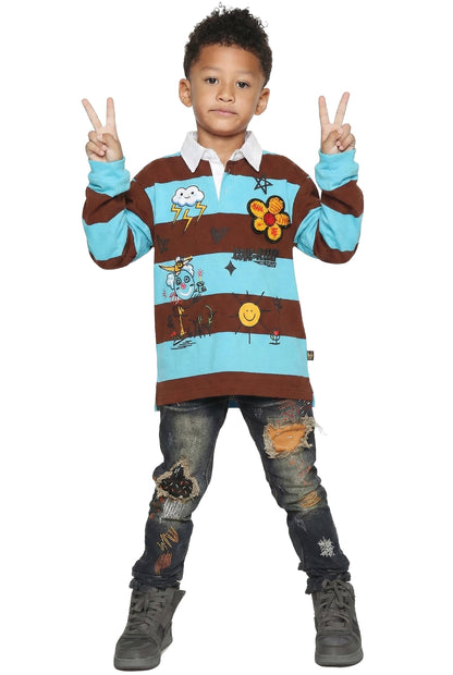 JORDY Kid's Long Sleeve Polo Shirt With Heavy Print Effects & Patch Works