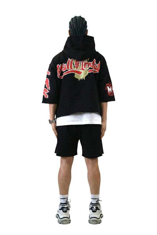 TROY French Terry 3/4 Sleeve Crop Top Pullover Hoodie