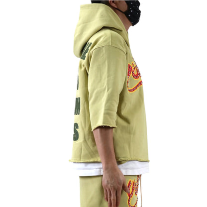 BRITON French Terry 3/4 Sleeve Crop Top Pullover Hoodie