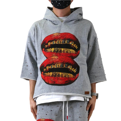 PETTI French Terry 3/4 Sleeve Crop Top Pullover Hoodie