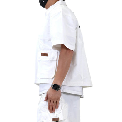 Revol Fine Nylon Twill Boxy Cut Crop Top Short sleeve Buttondown Shirt