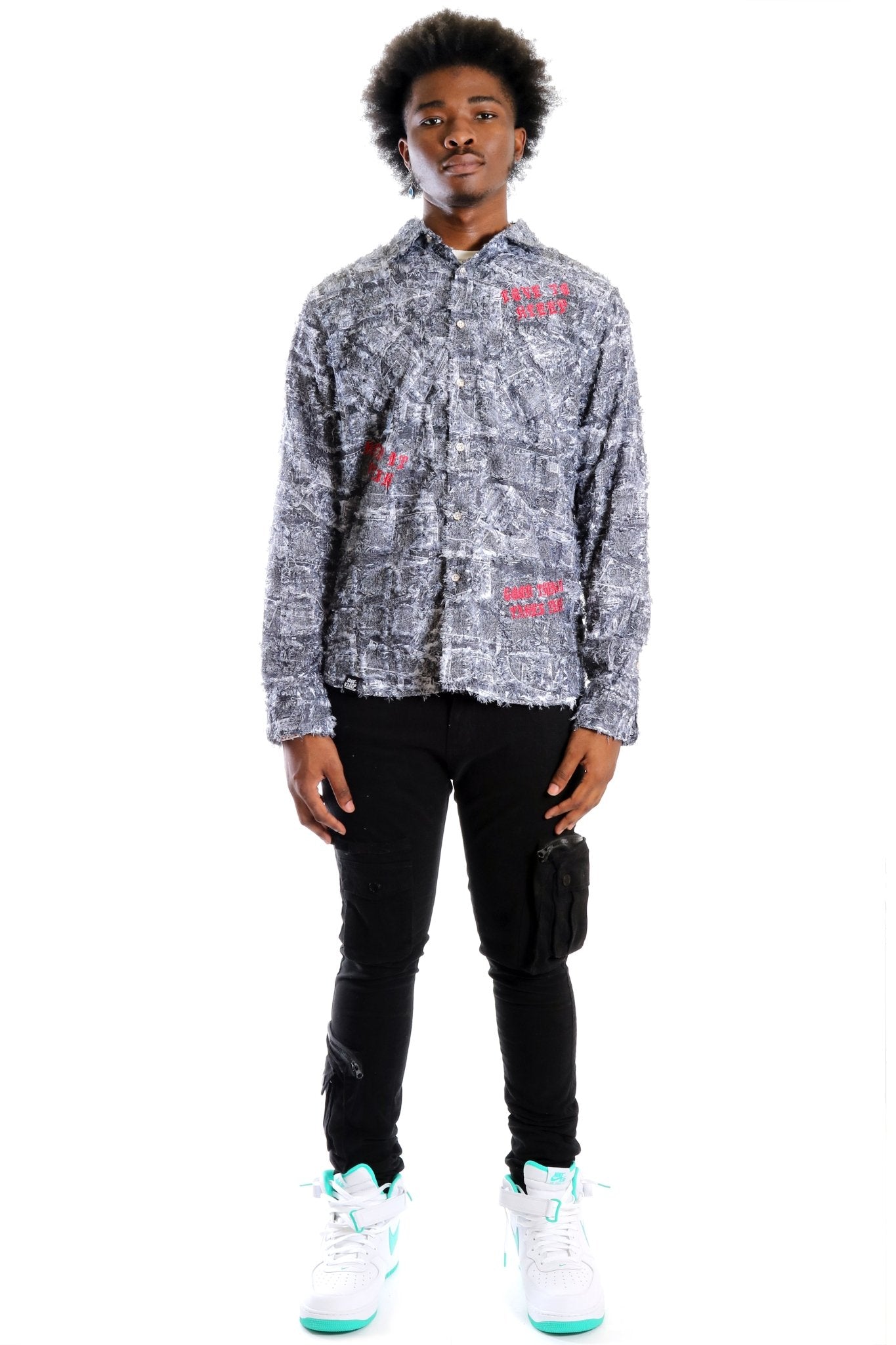 Yeti Men's ripped & repaired button down shirt