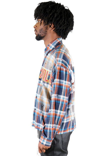 SUIFU Long Sleeve Washed Flannel Crop Top Button Down Shirt