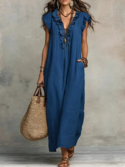 Full Size Ruffled V-Neck Cap Sleeve Maxi Dress Plus Size