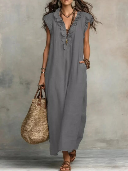 Full Size Ruffled V-Neck Cap Sleeve Maxi Dress Plus Size