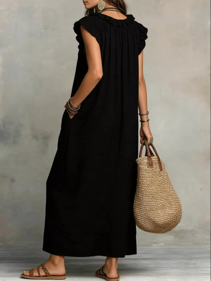 Full Size Ruffled V-Neck Cap Sleeve Maxi Dress Plus Size